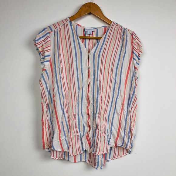 Liz Claiborne Women's Striped Short Sleeve Button Front Shirt V Neck Size XXL - Picture 1 of 5